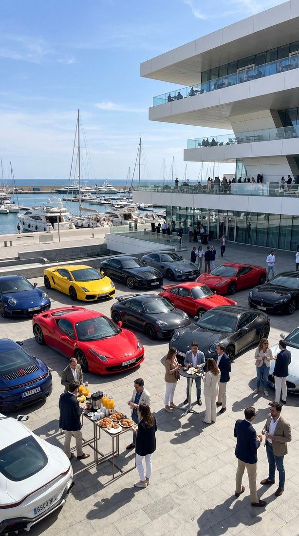 Cars & Paella TVGC — superdeportivos y miembros del club en la marina de Veles e Vents, Valencia