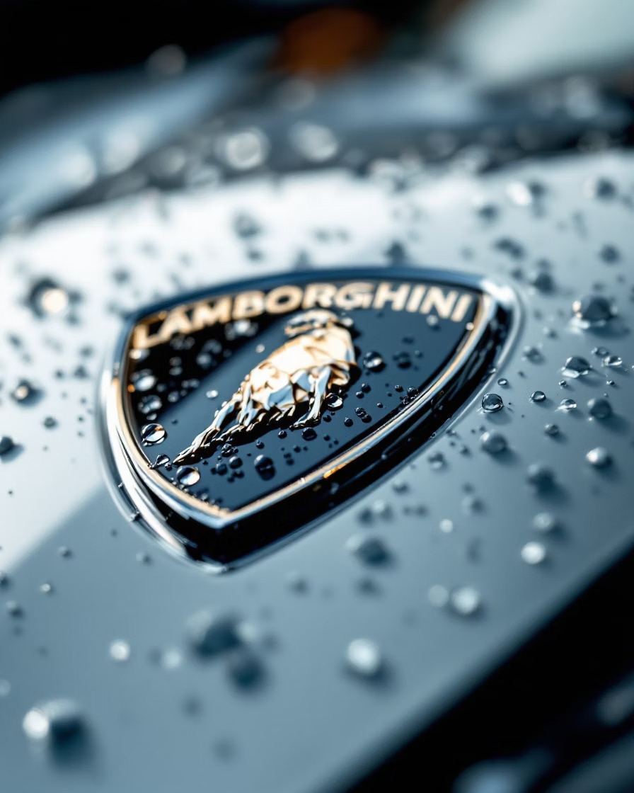 Detalle del emblema de un superdeportivo cubierto de gotas de lluvia