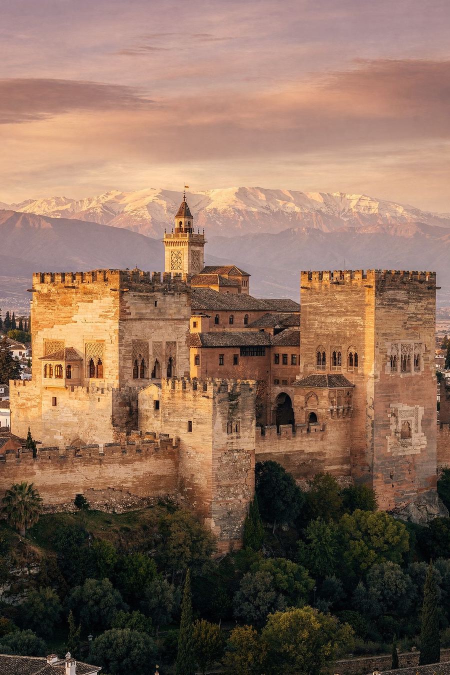 La Alhambra de Granada con Sierra Nevada nevada al fondo, al atardecer